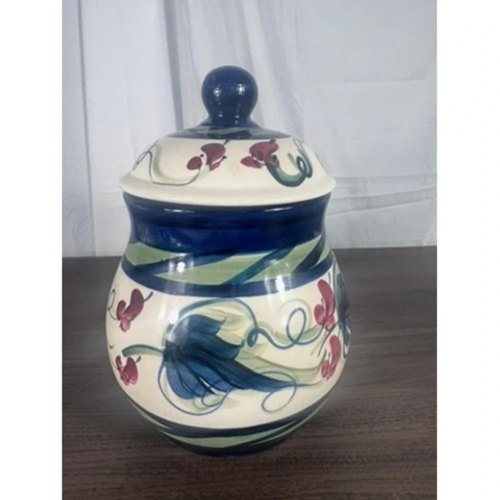 Gail Pittman 1994 Hand Painted Lidded Canister Blue & Floral Art‎ Pottery